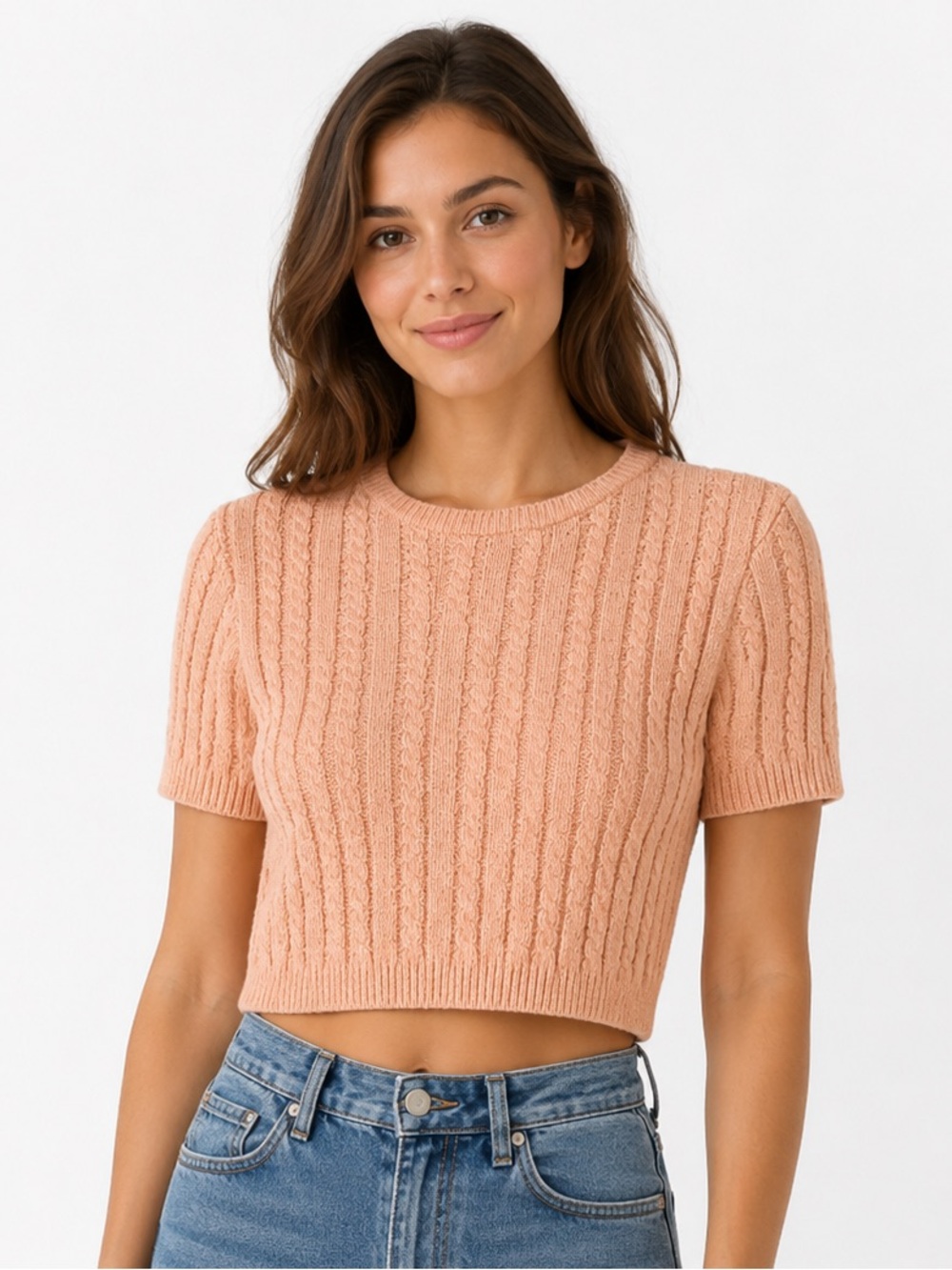 Bluesteel Peach Cable Knit Cropped Short Sleeve Sweater Size Large (G) Brazil